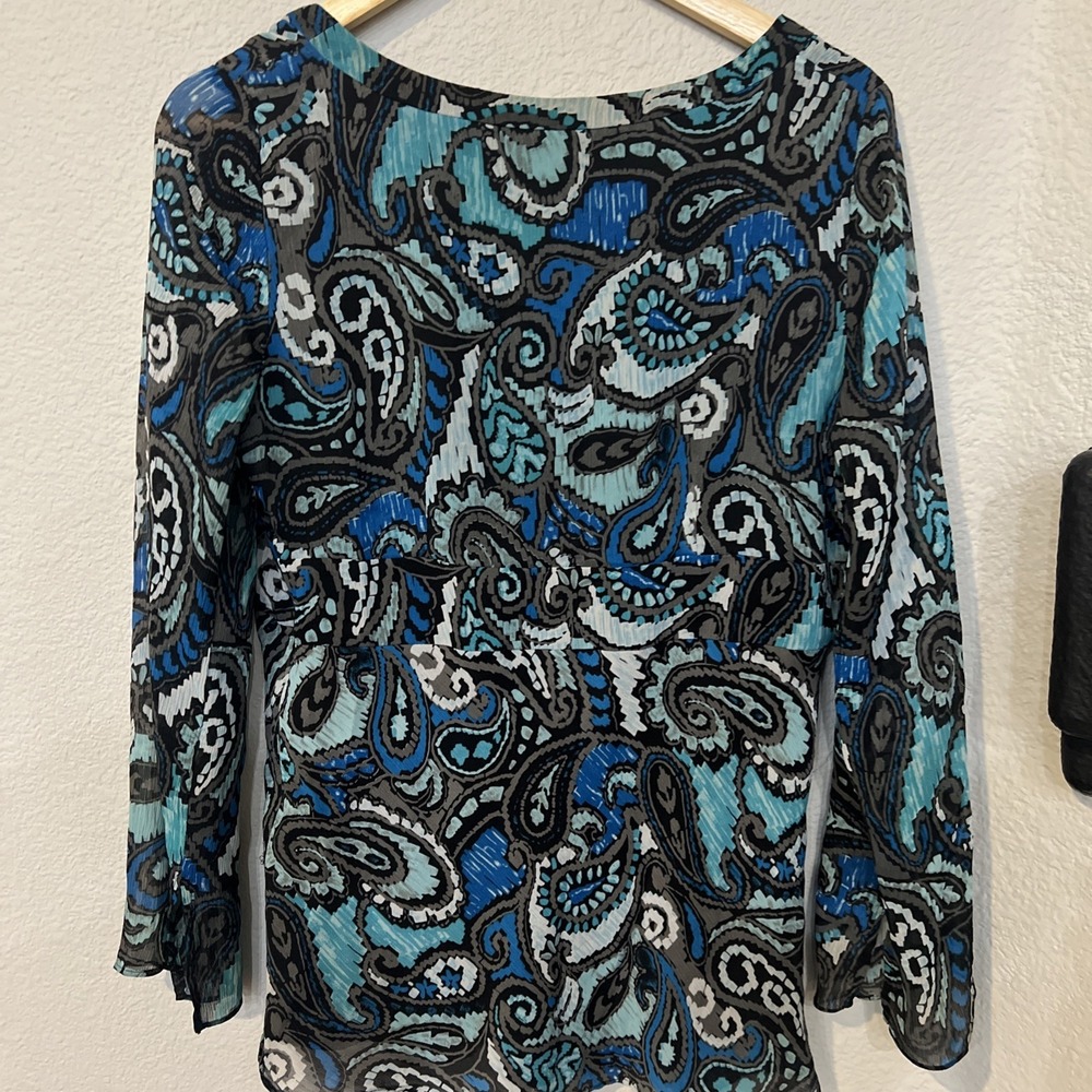 Bob Mackie Blouse BLACK/BLUE/TEAL Paisley Print Side Zip SZ 12 ***FLAW*** - Picture 6 of 6